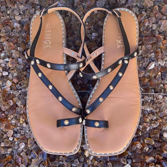 Rouge Helium Black Sandals w/ Gold Starburst Studs. Size 9. EUC - Picture 1 of 5
